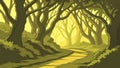 Deep forest path, dappled light through dense trees, serene and mysterious woodland, vector design Generative AI Royalty Free Stock Photo