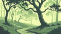 Deep Forest Path with Gnarled Trees and Misty Light, vector design Generative AI Royalty Free Stock Photo
