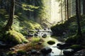 Deep forest stream with crystal clear water in the sunshine Generative AI Royalty Free Stock Photo