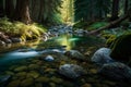 Deep forest stream with crystal clear water in the sunshine Generative AI Royalty Free Stock Photo