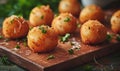 Deep fried arancini balls on wooden board - traditional Italian cuisine. Stuffed rice balls