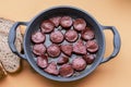 Deep-fried beef sausage in a pan. type of meat used in Turkish breakfasts Royalty Free Stock Photo