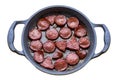 Deep-fried beef sausage in a pan. type of meat used in Turkish breakfasts Royalty Free Stock Photo