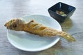 Deep fried blacktip grouper fish dipping chili and garlic sauce on plate Royalty Free Stock Photo