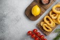Deep Fried Calamari or onion Rings, on serving board, on gray stone table background, top view flat lay, with copy space for text Royalty Free Stock Photo