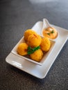 Deep fried cheese ball in the white ceramic plate