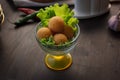 Deep fried Cheese balls, homemade apetizer with lettuce leaves