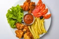 Deep fried chicken platter, chicken wings, nuggets, french fries and fresh green salad with dip tomato sauce Royalty Free Stock Photo