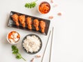 Deep fried chicken wing plate with garlic sauce in Korean style. Royalty Free Stock Photo