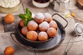Deep fried cottage cheese balls or donuts. Freshly baked sweet croquettes, served sugar powder Royalty Free Stock Photo