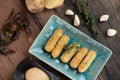 Deep fried crab potato croquettes with roasted pepper Aioli sauce Royalty Free Stock Photo