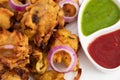 Deep Fried Crispy Indian Street Food With Various Names Like Onion Bhajji Pyaj Pakora Or Pakore Pyaaj Ke Pakode Or Pakoda Kanda Royalty Free Stock Photo