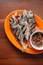 Deep fried crispy makerel fish on colourful plate Royalty Free Stock Photo