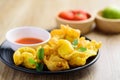 Deep-fried crispy wonton stuffed with minced pork, quail egg and shrimp Royalty Free Stock Photo