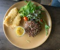 Deep Fried Dolly Fish Steak with sauce Stir basil crispy herb ho Royalty Free Stock Photo