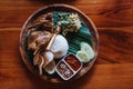 Deep-fried duck with rice, vegetables, chili and crackers Royalty Free Stock Photo