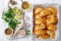 Deep fried empanadas in a wooden box Royalty Free Stock Photo