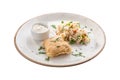 Deep fried fish fillet in batter with cooked rice with corn and white sauce isolated on white background Royalty Free Stock Photo