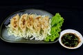 Deep fried gyoza on cabbage, sprinkled with white sesame,