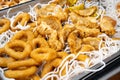 Deep Fried Gyoza Chinese Dumplings and Squid Rings, Fried Vegetable Jiaozi Street Food, Chicken Momo Pile Royalty Free Stock Photo
