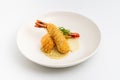 Deep fried kataifi wrapped shrimp served with lemon sauce Royalty Free Stock Photo
