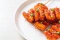 Deep fried Korean rice cake Tteokbokki skewered with spicy sauce Royalty Free Stock Photo