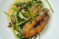 Deep fried Nile Tilapia or mango fish slice dressing soy sauce and spring onion on plate Royalty Free Stock Photo