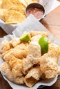 Pork Rinds also called chicharron or chicharrones and tortilla chips with salsa