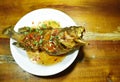 Deep fried red banded grouper fish dressing sweet chili sauce on plate Royalty Free Stock Photo