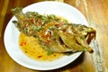 Deep fried red banded grouper fish dressing sweet chili sauce on plate Royalty Free Stock Photo