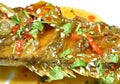 Deep fried red banded grouper fish dressing sweet chili sauce on plate Royalty Free Stock Photo