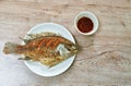 Deep fried salty mango or Tilapia fish on plate dipping spicy sauce Royalty Free Stock Photo