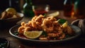 Deep fried seafood plate with savory sauce dip generated by AI Royalty Free Stock Photo