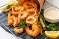 deep fried seafood (shrimps and squid) with mix vegetable