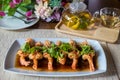 Deep fried shrimp with Tamarind sauce. Fried shrimp with tamarind sauce in white plate.