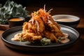 Deep fried shrimp tempura with mayonnaise sauce on black plate