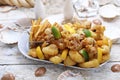 Deep fried shrimps, prawns and squid rings in tempura, with fries, on a white plate, on a white wooden background. Royalty Free Stock Photo