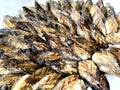 Deep fried Snakeskin gourami fish with spawns on white arches oil paper sheet