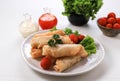 Deep Fried Spring Rolls, Popular as Lumpia or Popia. Served on White  Plate, White table with Spicy Sauce and Mayonaise. Royalty Free Stock Photo