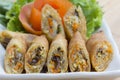 Deep fried spring rolls, Por Pieer Tod or Fried spring rolls Thai Spring Roll on white dish on wooden table,Thai and Chinese Royalty Free Stock Photo