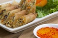 Deep fried spring rolls, Por Pieer Tod or Fried spring rolls Thai Spring Roll on white dish on wooden table,Thai and Chinese Royalty Free Stock Photo