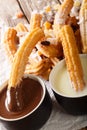 Deep-fried sweet churros served with hot chocolate and condensed milk close-up. vertical Royalty Free Stock Photo