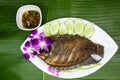 Deep Fried Tilapia fish and chilli fish sauce on top view , On dish background banana leaf Royalty Free Stock Photo