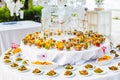 Deep Fried Wanton or Fried Dumpling and Deep Fried Fish Fillet with Fried Beans Nuts Snack on White Table for Wedding Decorated in Royalty Free Stock Photo
