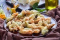 Deep fried zucchini flowers on a plate