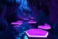 A deep, futuristic abyss where hexagonal stepping stones float over an endless digital void. The