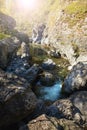 A deep gorge with a river in the mountains of Italy. Royalty Free Stock Photo