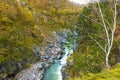 The river flows along the bottom of a mountain gorge Royalty Free Stock Photo