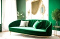 Deep green daybed and armchairs on rug adjoin window and white bank with art frame. Hollywood glam appearance home autogenous