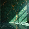 Deep green marble wall with gold veins and natural light casting shadows. Smooth shiny floor reflects the patterned wall and Royalty Free Stock Photo